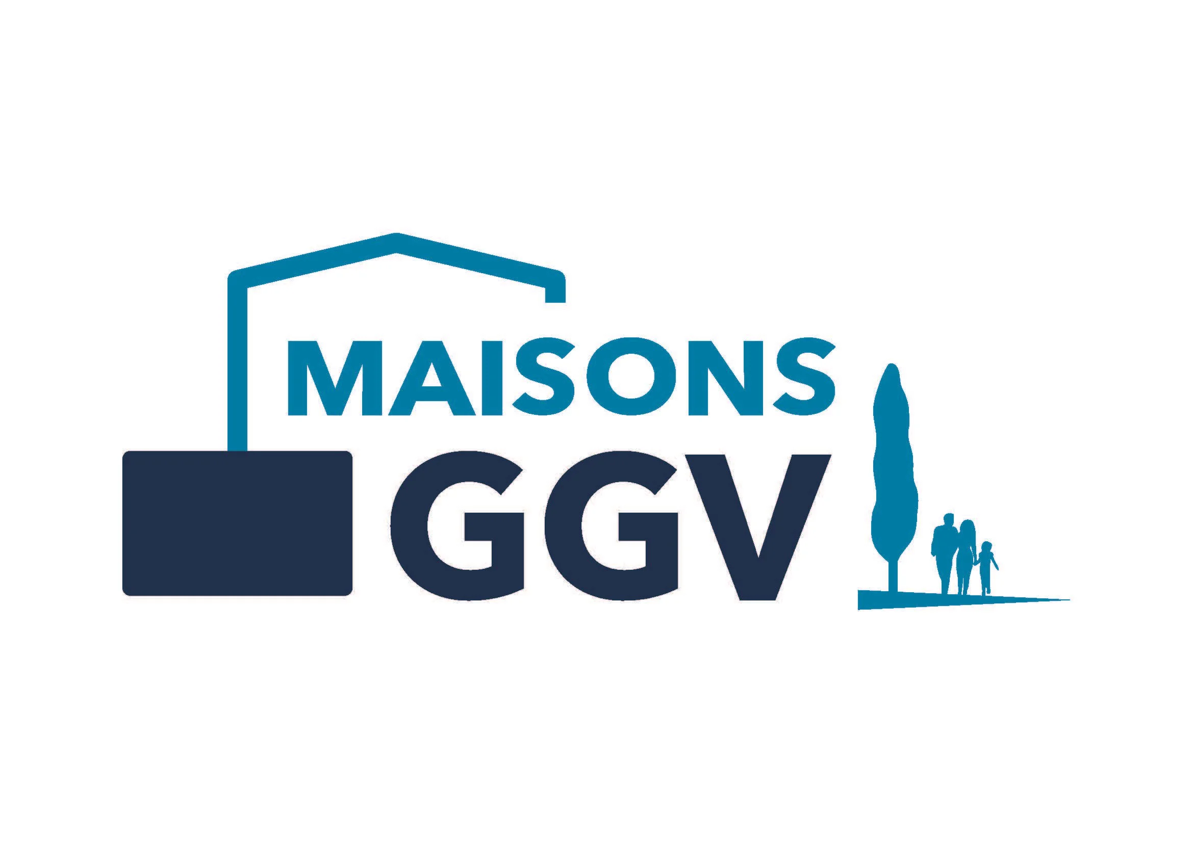 Logo de Maisons GGV avec une maison stylisée, un arbre, et un groupe de trois personnes marcheant ensemble.
