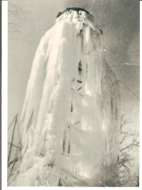 The Monte Sano water tank encased in ice.