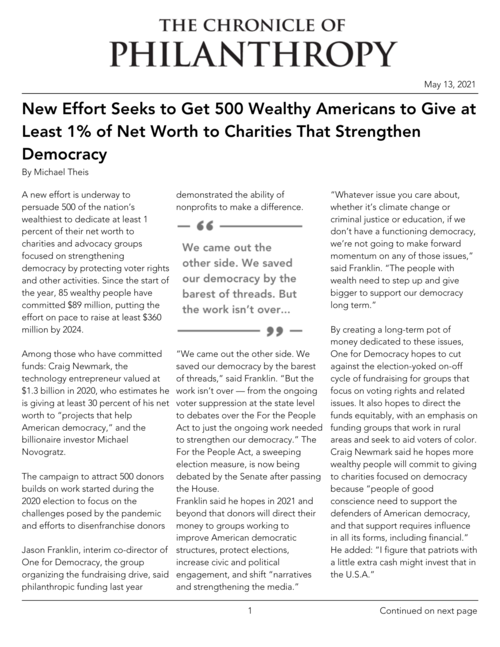 New Effort Seeks to Get 500 Wealthy Americans to Give at Least 1% of Net Worth to Charities That Strengthen Democracy