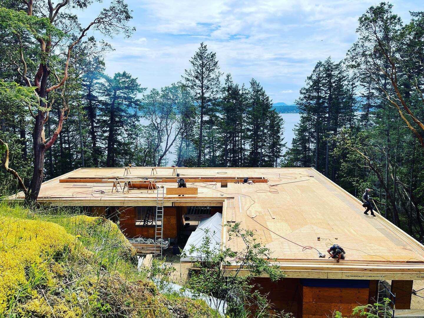 All time flat roof ☑️ let the roofing party begin 🍻🎉 thanks to the dedicated salty crew for crushing all winter long. #cheers #saltspringisland
