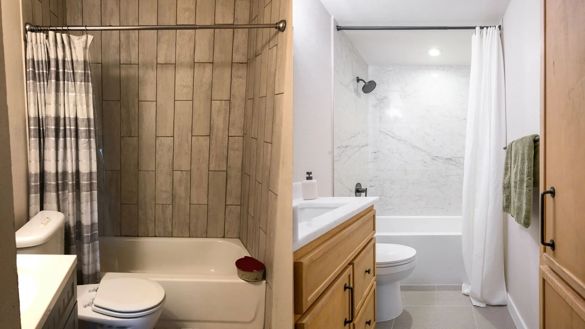 Before and after bathroom renovation with improved vanity storage and finishes