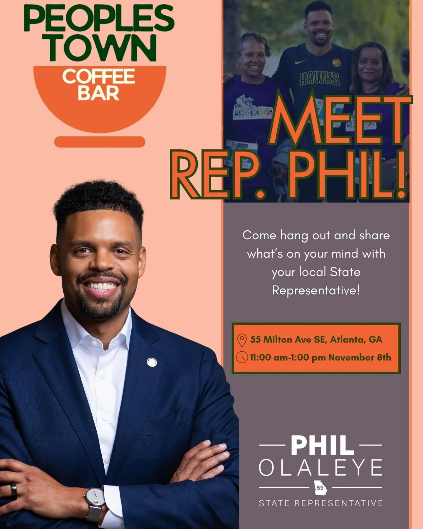 ☕️ Big weekend ahead at Peoples Town Coffee!

This Saturday (Nov 8), come by from 11 AM &ndash; 1 PM to meet Rep. Phil Olaleye &mdash; grab a coffee, say hi, and share what&rsquo;s on your mind for our community.

Then on Sunday (Nov 9), 📚 Silent Bo