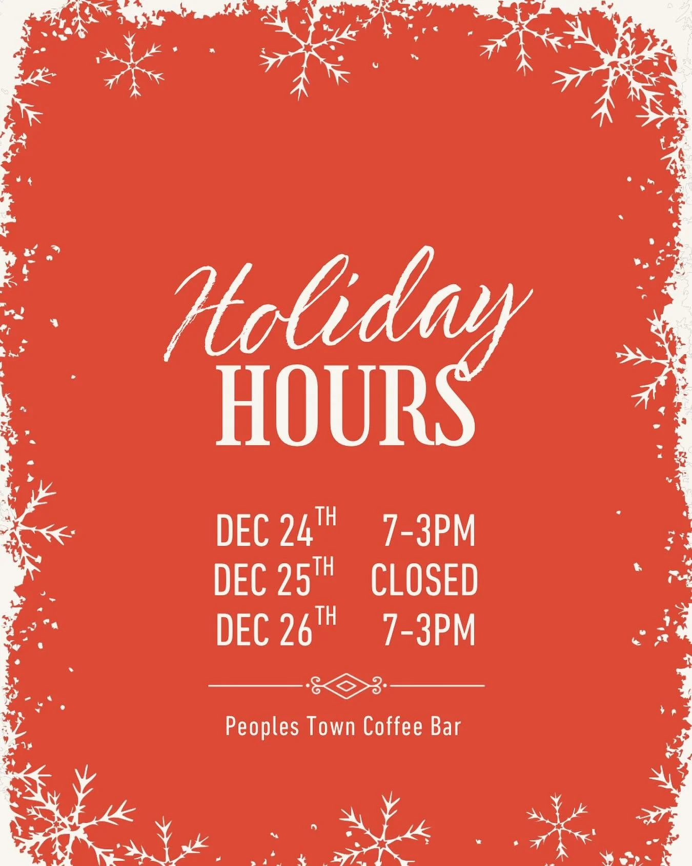 🎄 Holiday Update 🎄

Peoples Town Coffee will be closed on Christmas Day so our team can enjoy the holiday with loved ones.
We&rsquo;ll be back December 26 with regular hours, ready to welcome you in with a ☕️ &amp; 🥐 

Thank you for all the love t