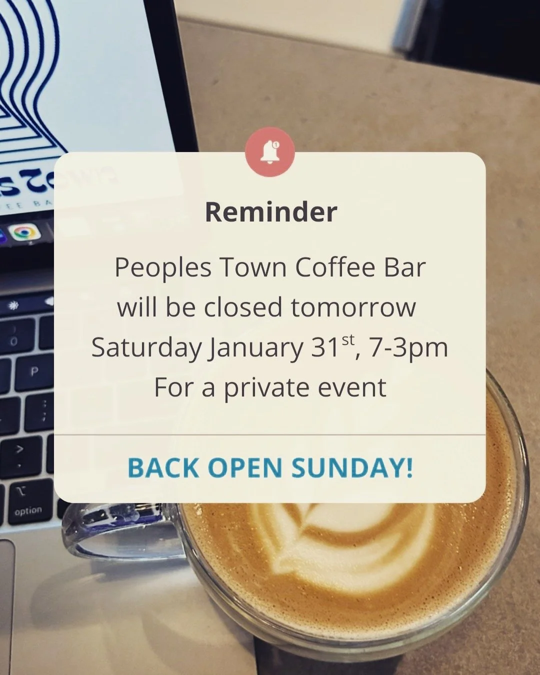 Quick heads up, neighbors ☕️

Peoples Town Coffee Bar will be closed tomorrow for a private event.

We rarely close, especially on Saturdays, so a big thank you to everyone who makes Saturdays at the shop a regular part of their weekend. We truly app