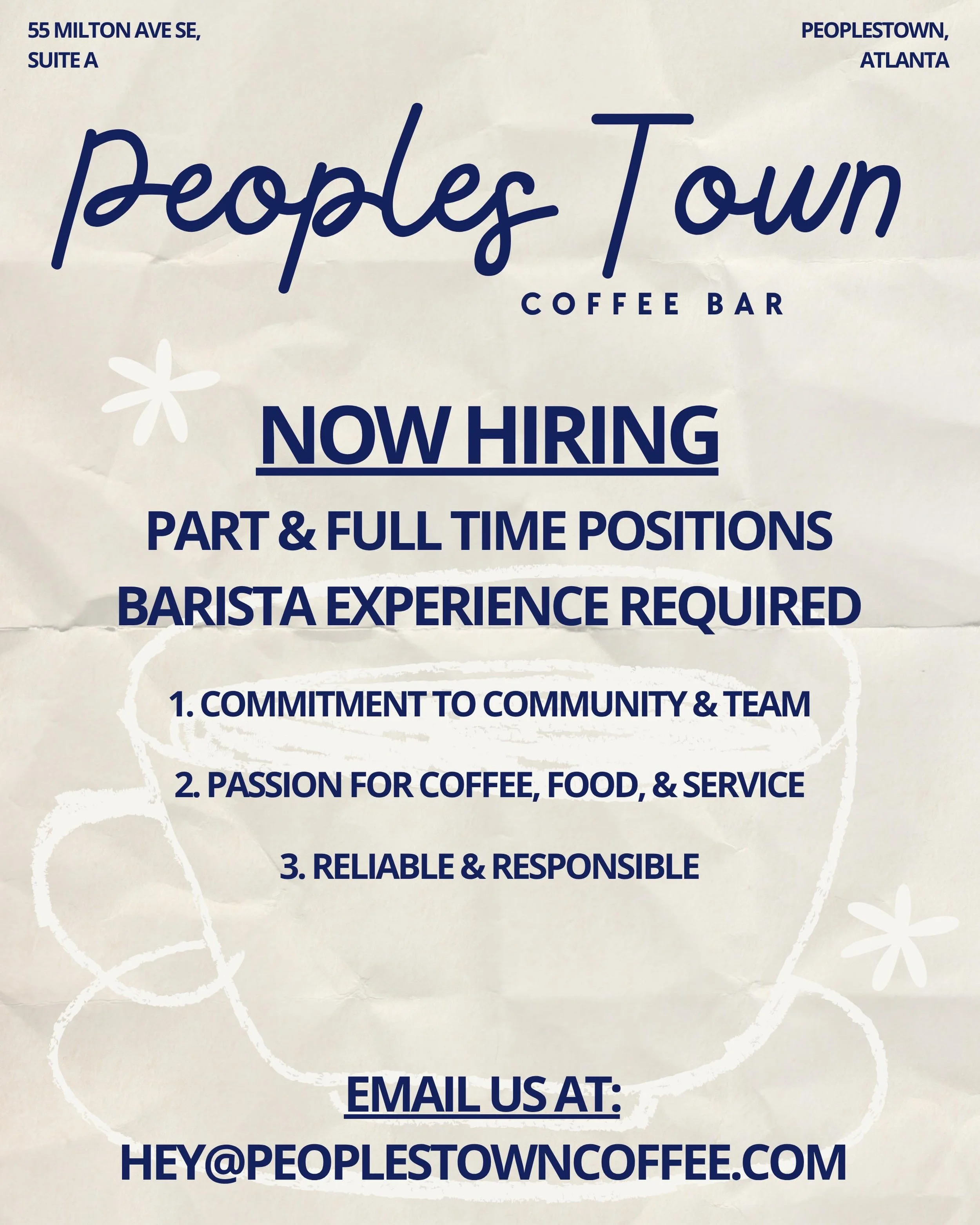 ☕️ NOW HIRING | Peoples Town Coffee Bar

We&rsquo;re looking for the next great addition to our team.

If you love coffee, care deeply about people, and thrive in a fast-paced neighborhood caf&eacute; environment, we&rsquo;d love to hear from you.

W