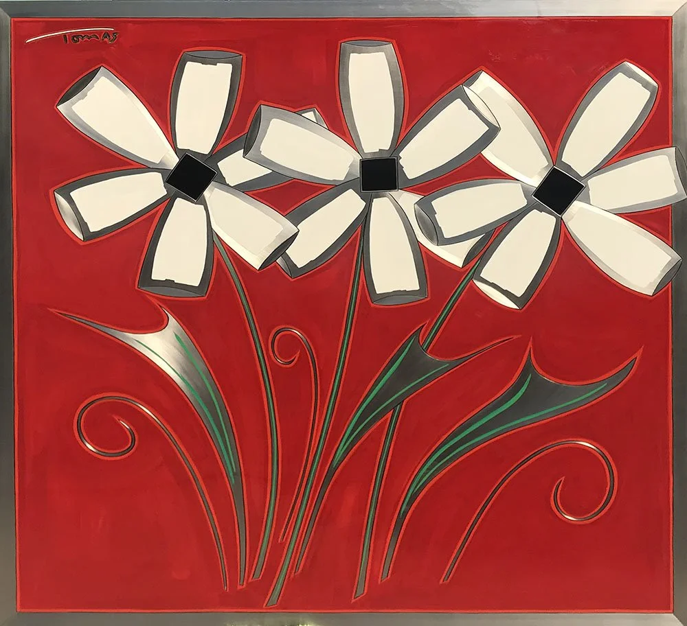 TOMAS - BLACK DOT PINWHEEL DAISIES ON RED 46x46.jpg
