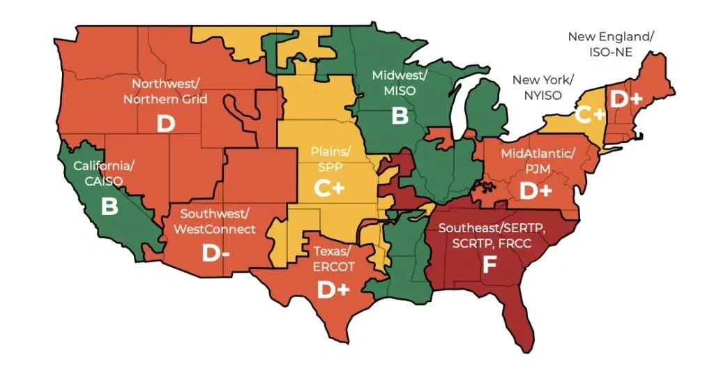 A color-coded map of the United States displaying different regions with grade ratings from A to F, indicating performance or quality, with regions labeled and colored accordingly.