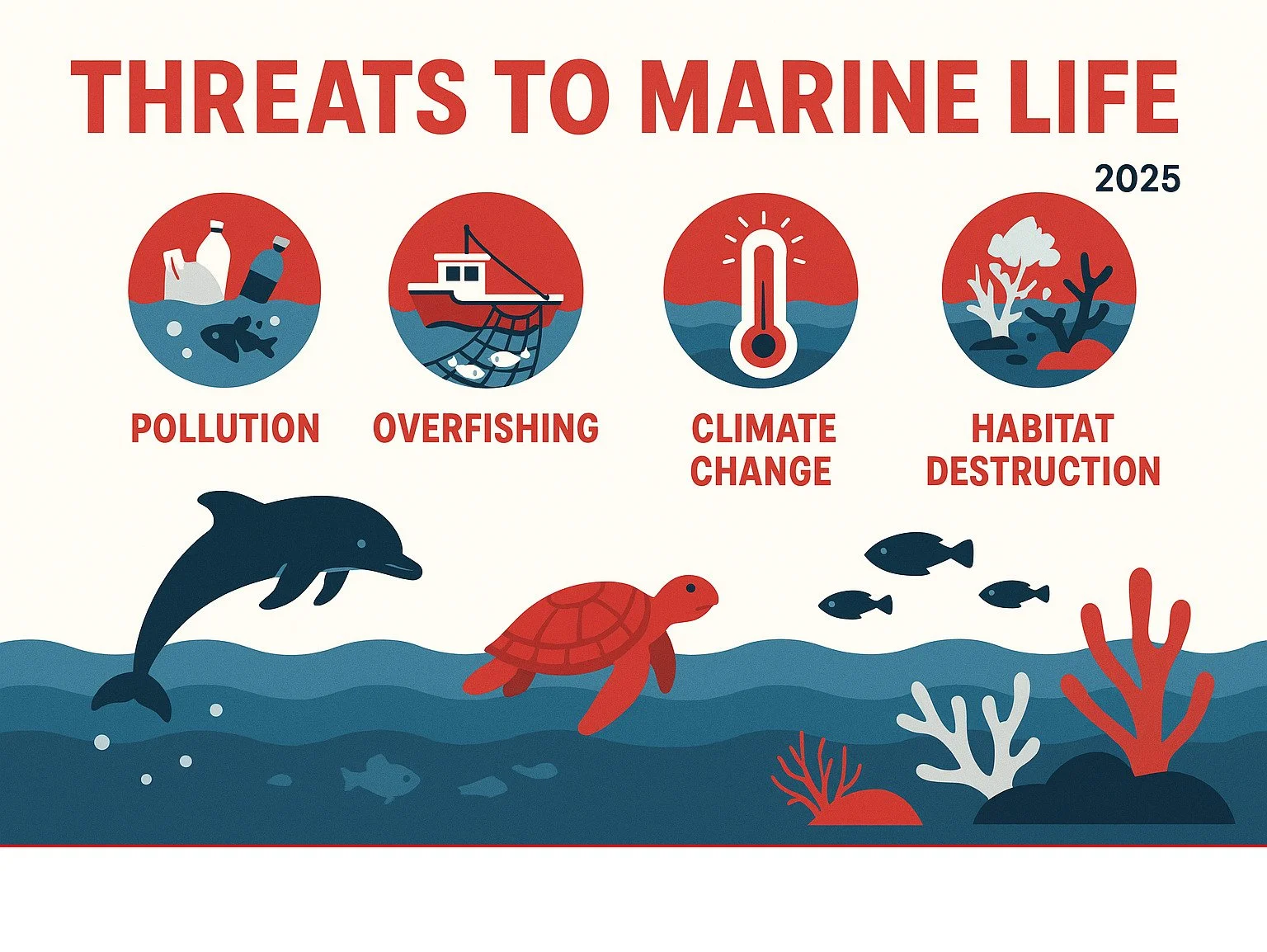 Infographic illustrating threats to marine life in 2025, including pollution, overfishing, climate change, and habitat destruction, with icons of trash, a fishing boat, a thermometer, and damaged coral reef, along with marine animals like a dolphin, turtle, and fish.