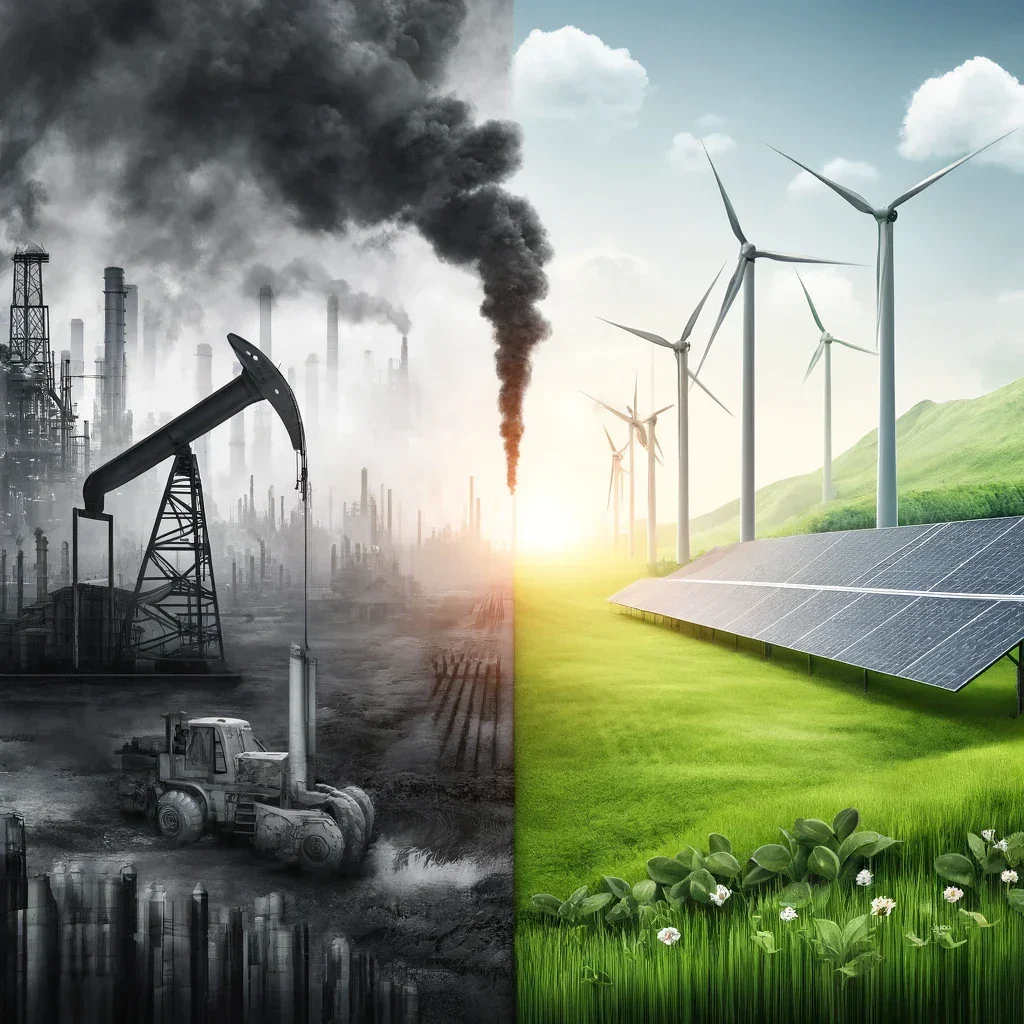 A split image showing an industrial pollution scene with smoke stacks emitting dark smoke and heavy machinery on the left, contrasted with a clean, renewable energy scene with wind turbines and solar panels on the right, under a bright sky.