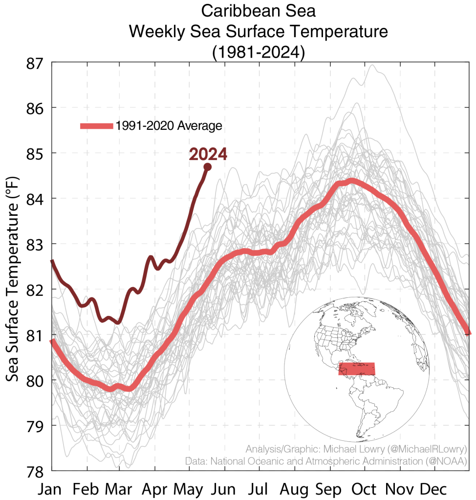 Line graph of weekly Caribbean Sea surface temperatures from 1981 to 2024, highlighting 2024 as the hottest year with an orange line, compared with a red line for the 1991-2020 average, and a map of the Caribbean region with a red box.