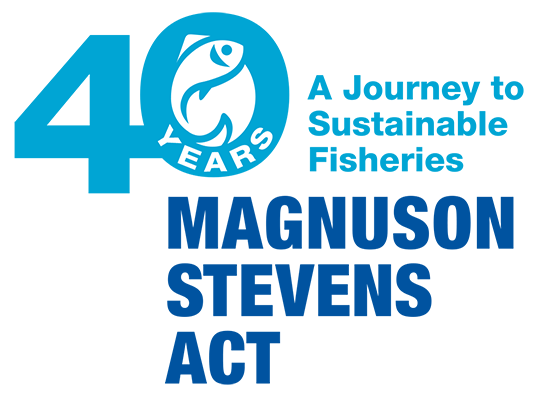 Graphic celebrating 40 years of Magnuson Stevens Act with a fish symbol at the center, and text indicating a journey to sustainable fisheries.