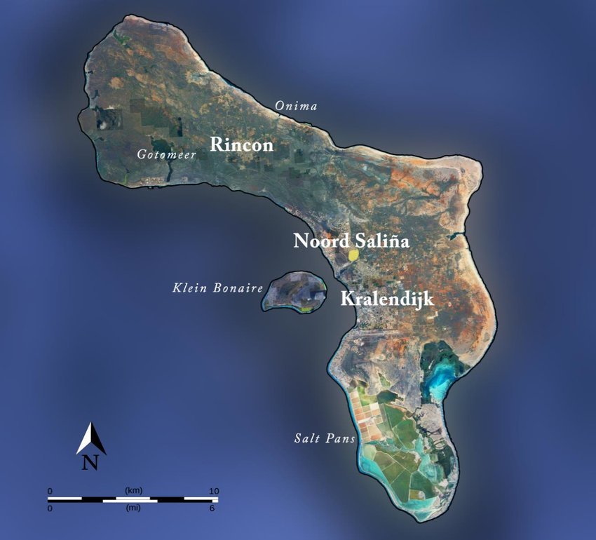 Map of Bonaire island with labels for notable locations, including Rincon, Kralendijk, Noord Saliña, Salt Pans, Klein Bonaire, and Gotomeer, showing land features and surrounding water.