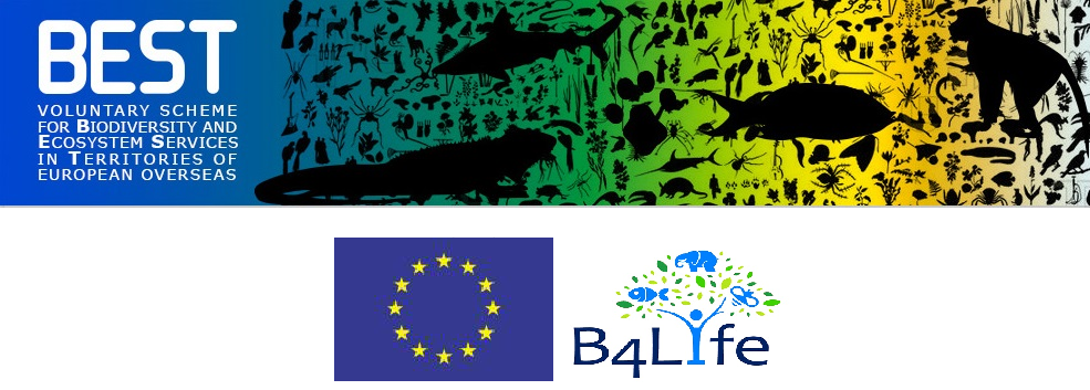 Banner for an environmental program with silhouettes of various animals and plants in a gradient background, European Union flag, and B4Life logo.