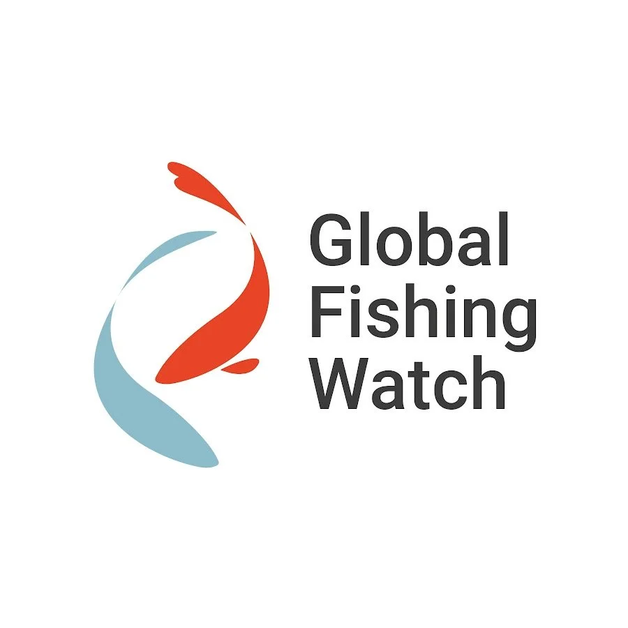 Logo of Global Fishing Watch featuring a stylized fish made of a red and a light blue curved line, with the organization's name next to it.