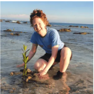 Child planting a small tree by the shoreline, with rocks and the ocean in the background.