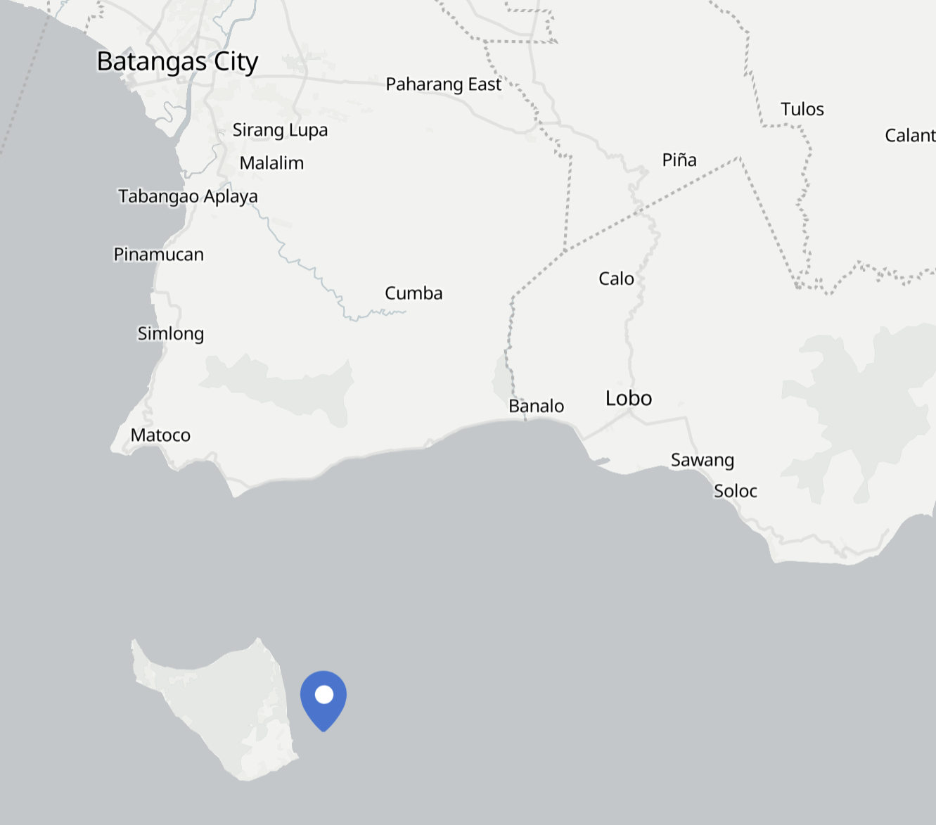 A map showing a section of the Philippines including Batangas City and nearby towns, with a blue locator pin marking a location on an island south of the mainland.