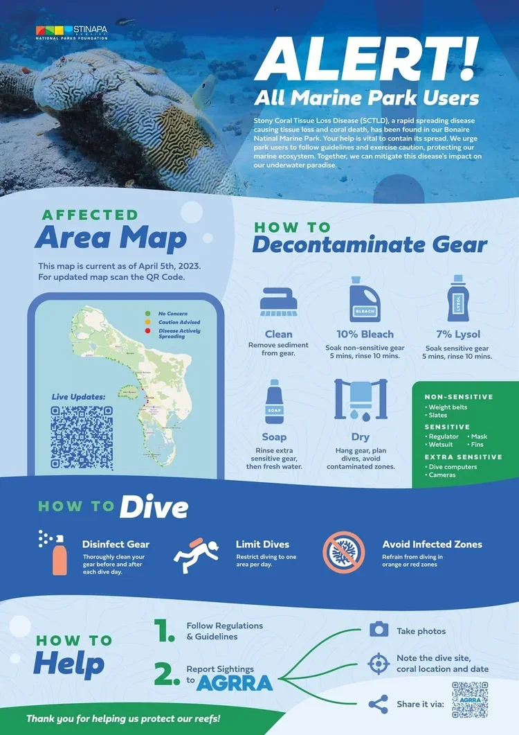 An informational poster from Stinapa and the National Parks Foundation about marine park safety, including an area map, gear decontamination guide, and diving tips.