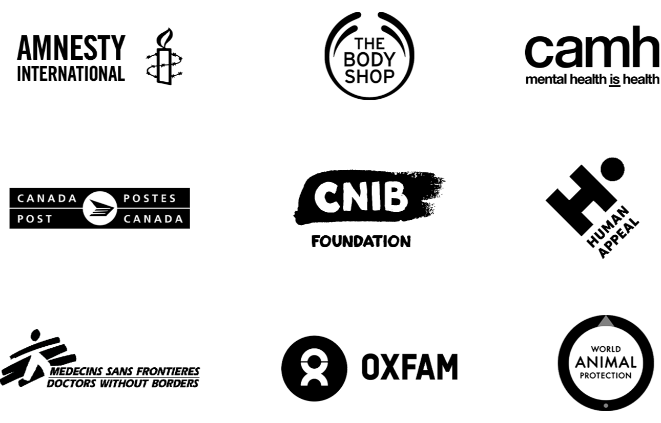 Client logo set - amnesty international, the body shop, CAMH, Canada Post, CNIB, Human Appeal Canada, Doctors Without Borders, Oxfam, World Animal Protection