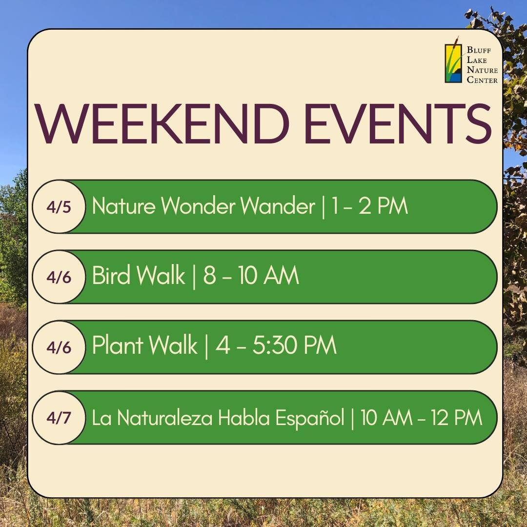 Who&rsquo;s excited to come to Bluff Lake this weekend? 🙋

Join us for our recurring monthly events: Nature Wonder Wanders, Bird Walk, and La Naturaleza Habla Espa&ntilde;ol. We are happy to share that this month, we will also have a Plant Walk on S