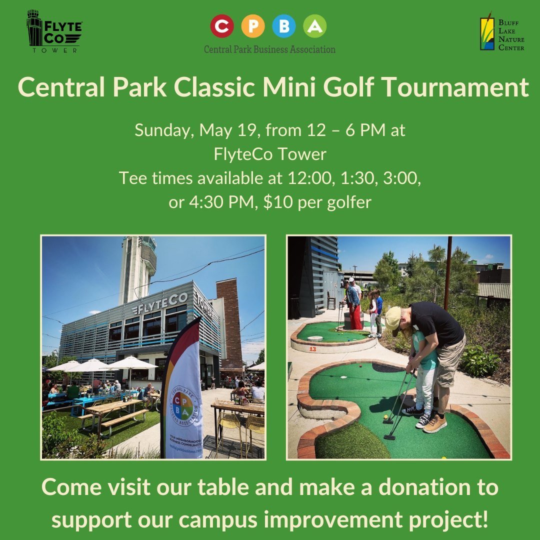 Come join us at FlyteCo Tower this weekend for the Central Park Classic Mini Golf Tournament! Golfing starts at $10 per person with tee times available at 12:00, 1:30, 3:00, and 4:30 PM. There will also be a business expo, a bounce house, face painti