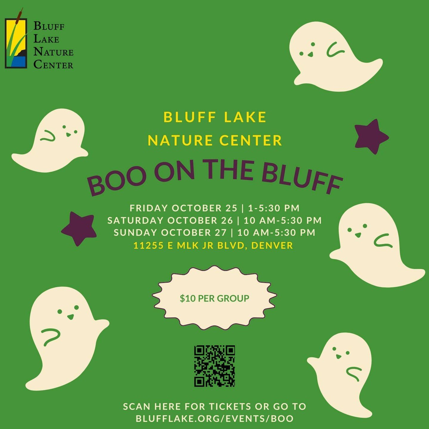 Join us on October 25th, 26th and 27th for our annual Boo on the Bluff event filled with an exciting scavenger hunt, spooky crafts, candy, prizes and more as you explore Bluff Lake. To sign up, we ask for a $10 donation per group via the QR code abov