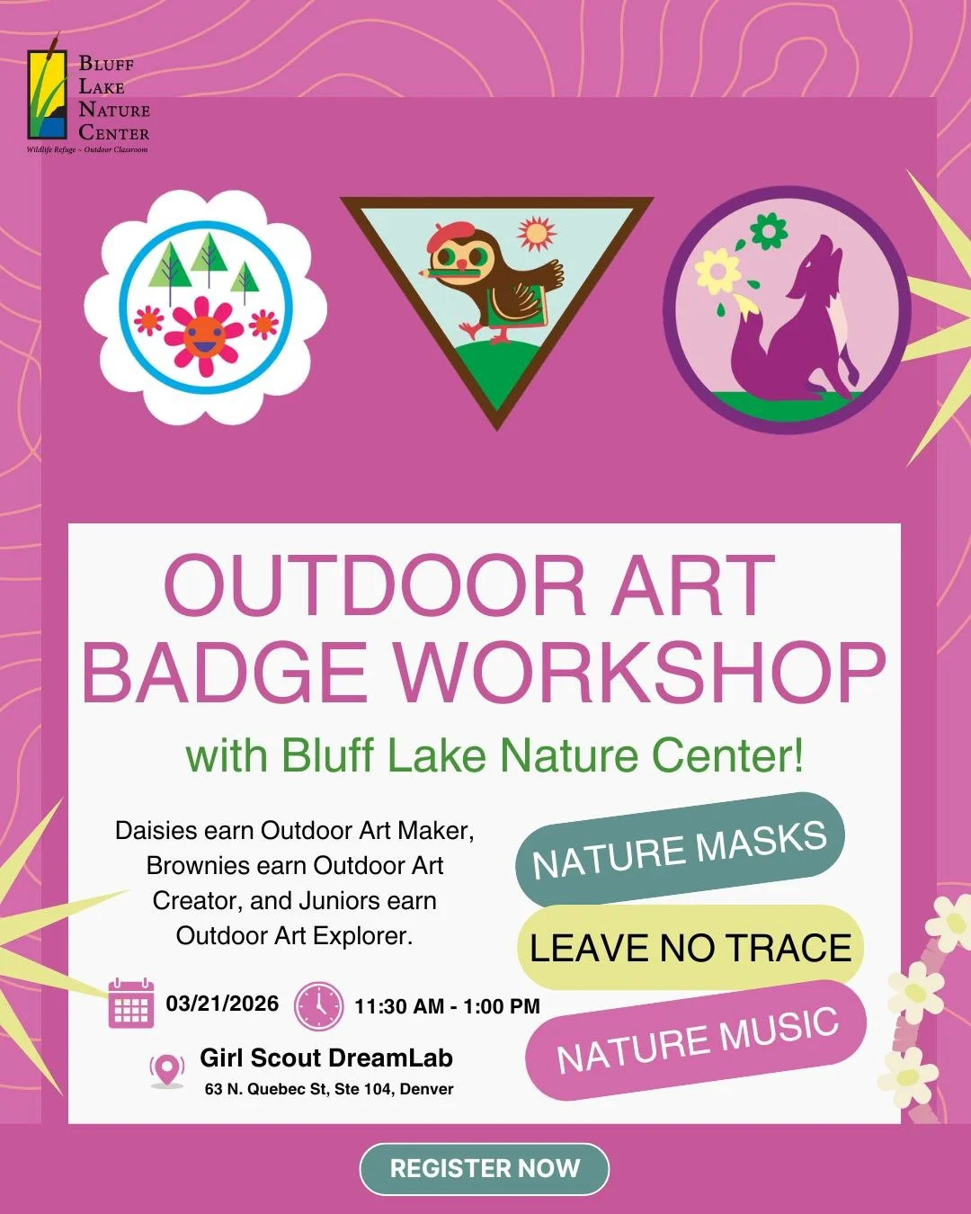 This Saturday, March 21, Bluff Lake Nature Center will be collaborating with Girl Scouts of Colorado at the DreamLab! 🎉 Through nature based activities, scouts will earn their outdoor art badge and a Bluff Lake patch. For more information and to reg