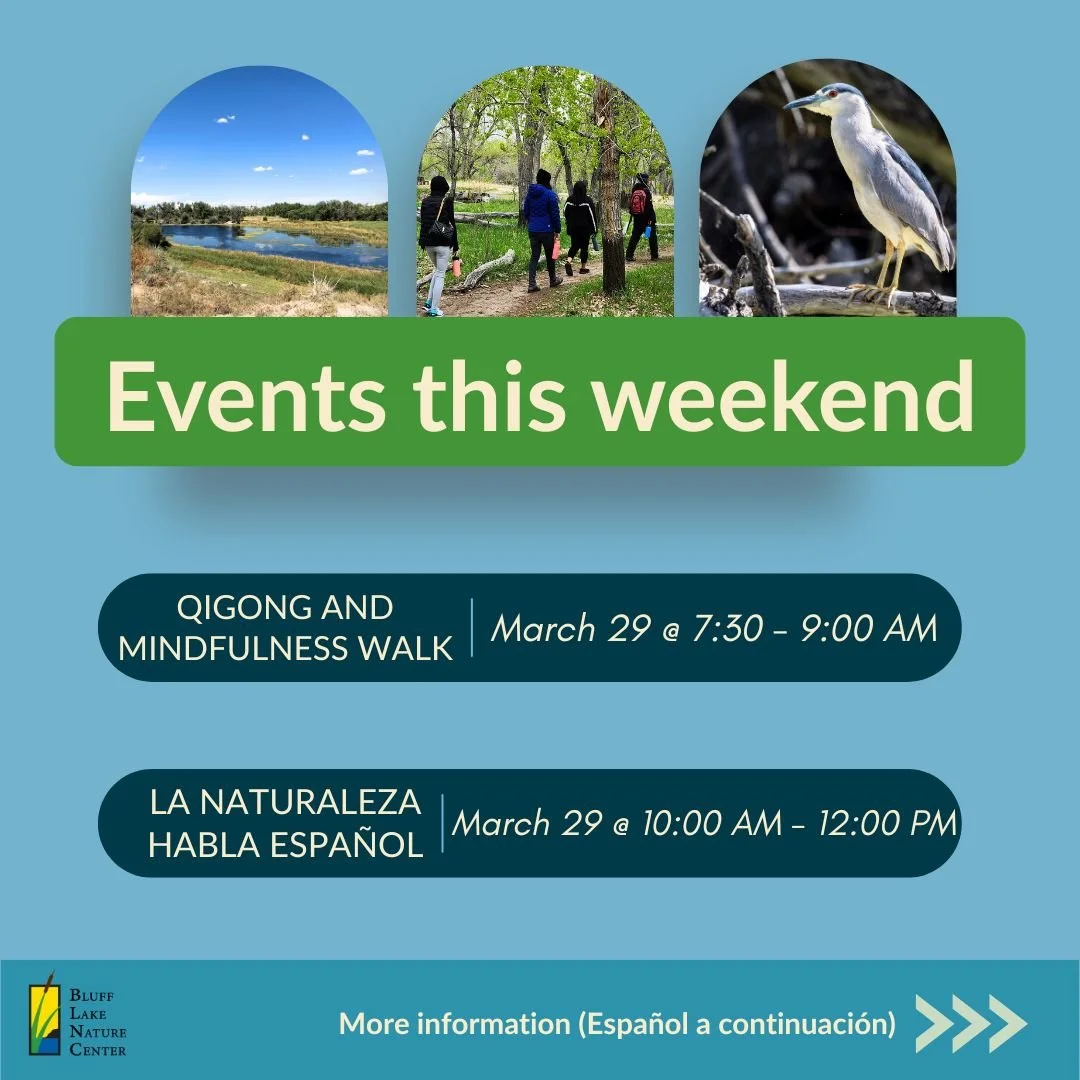Spend your weekend with us at Bluff Lake Nature Center! ☀️ We have two exciting programs this Sunday, March 29, that are completely FREE. Join us for Qigong, our monthly Spanish led walk, or both! Registration is required, and can be found via the li