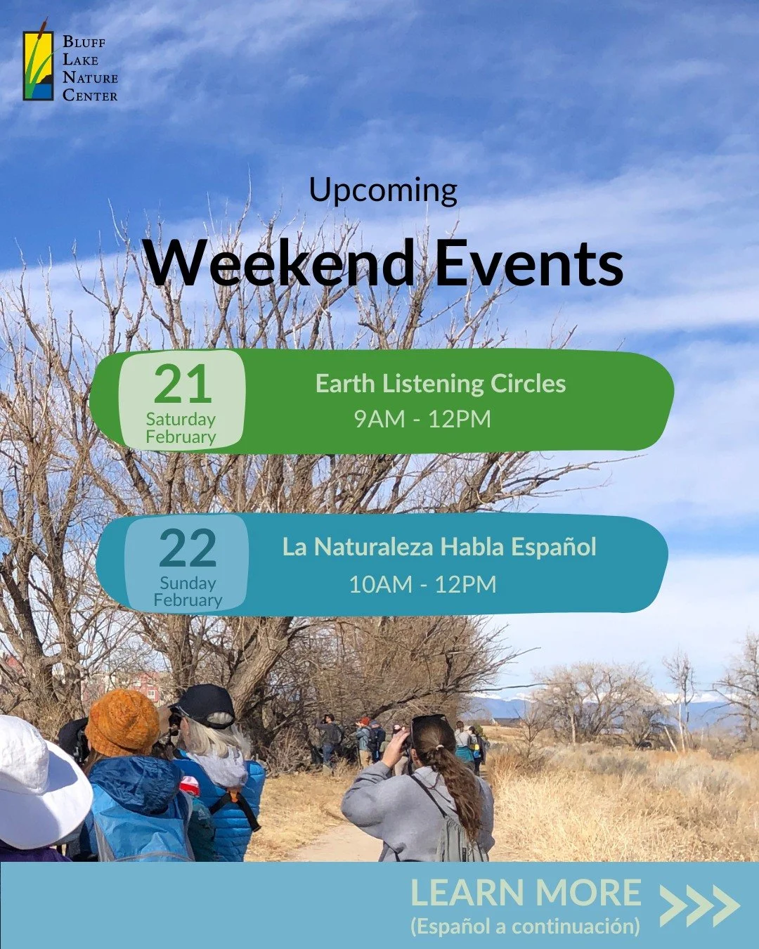 Join us this weekend at Bluff Lake Nature Center! Our building is officially OPEN, so park in the parking lot and meet us in front of our beautiful new space. Both events are FREE, just make sure to follow the link in our bio to RSVP! 🥳🎉

&iexcl;Te