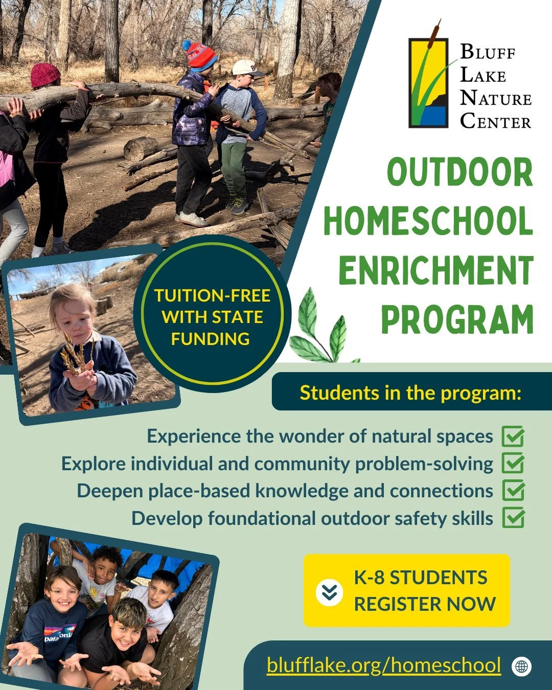 Registration for our 2026-2027 Outdoor Homeschool Enrichment program is open NOW! 🌿 This weekly program builds deep connections to the Bluff Lake site and strong community with other students. We're excited to serve K-8th grade this year, including 