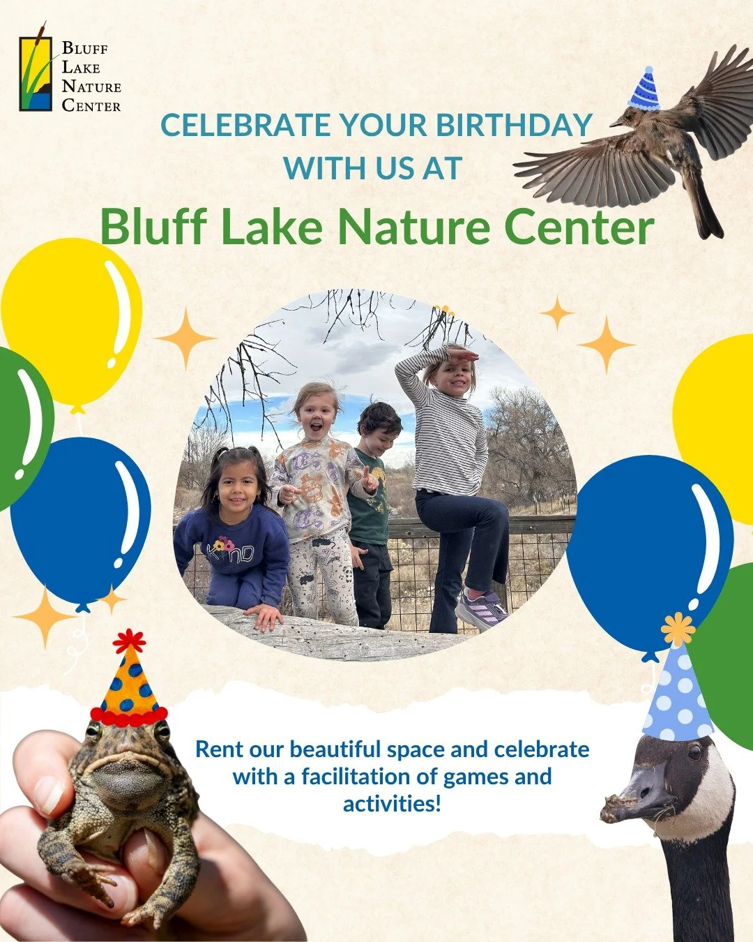 We now host birthday parties! 🎉🎂🎈 Come celebrate your special day at Bluff Lake Nature Center by renting out one of our unique spaces. Celebrate with games and activities led by a Bluff Lake Educator, friends, and provided refreshments! 🥳 🙌 

Fo