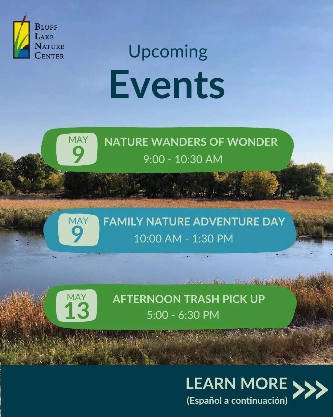 Join us for three exciting, upcoming events at Bluff Lake Nature Center! Each event is FREE, but registration may be required. For more information and to register, visit the link in our bio or check out our website! See you there! 💛💚💙

&iexcl;Aco