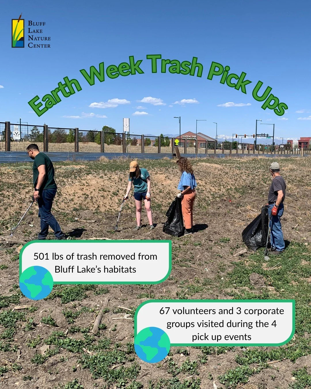 Earth Week brought our community together with a shared purpose of trash removal. In total, we cleaned up 501 pounds of trash from Bluff Lake Nature Center! This shared appreciation and stewardship from our community is what makes Bluff Lake a specia