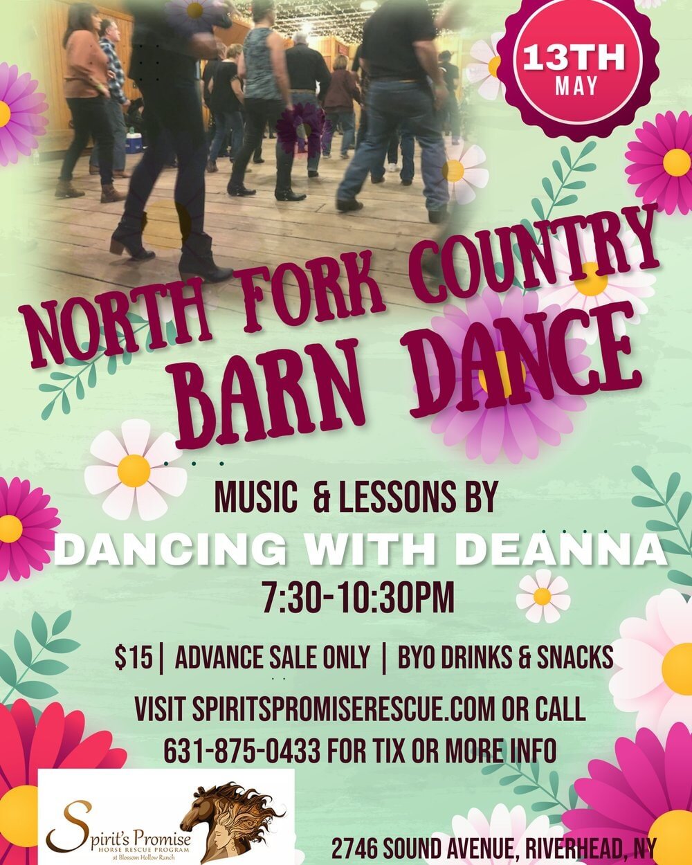 Come and join us for an evening of good music, country line dancing, and great friends! Deanna will have lessons and music to keep you dancing all night long!
$15 per person. All proceeds help to support the animals and programs at Spirit&rsquo;s Pro