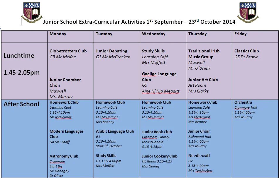 Junior and Senior School Extra-curricular Activities Programme 2014