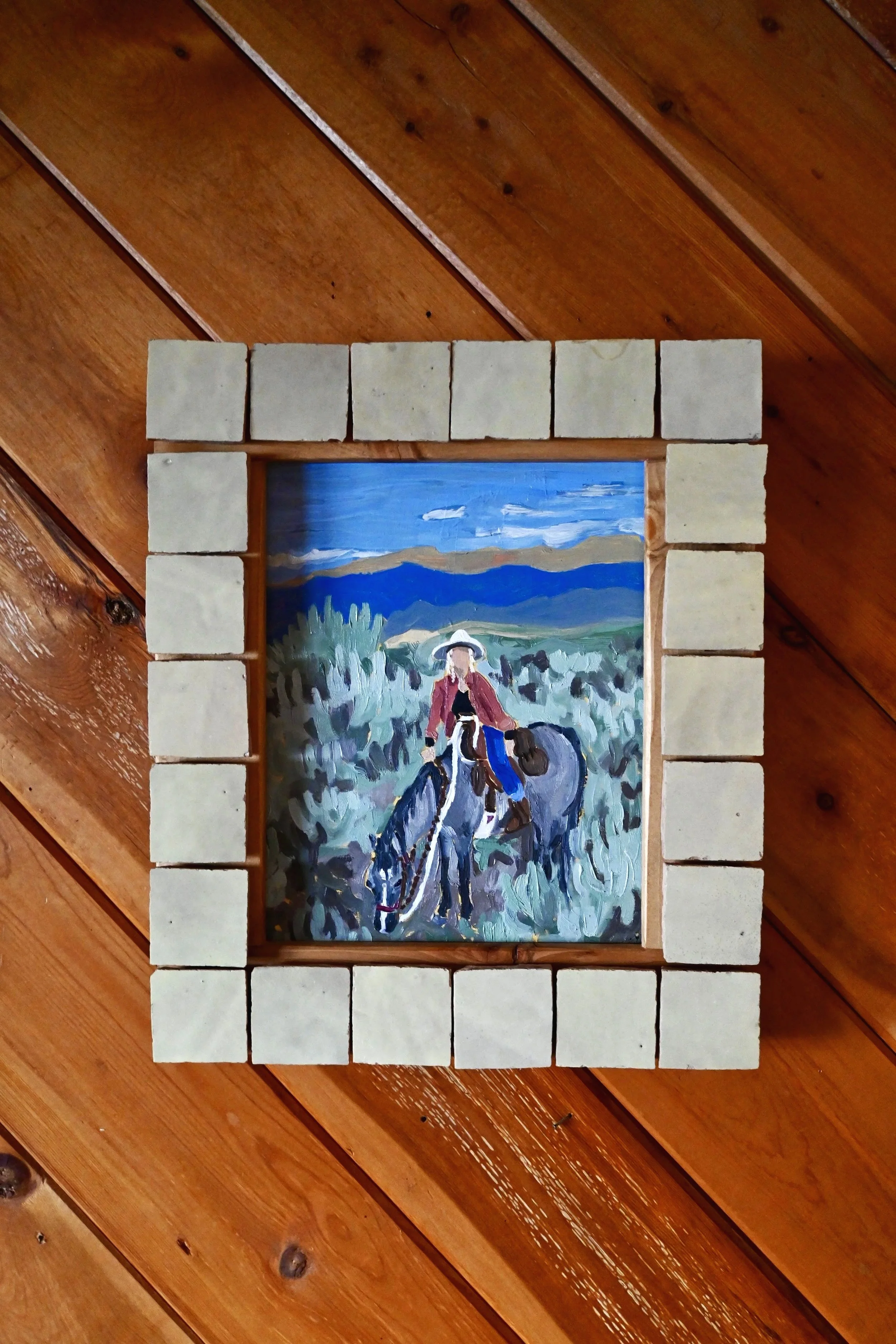 "Sea of Sage", 2025, oil on canvas, custom tile frame