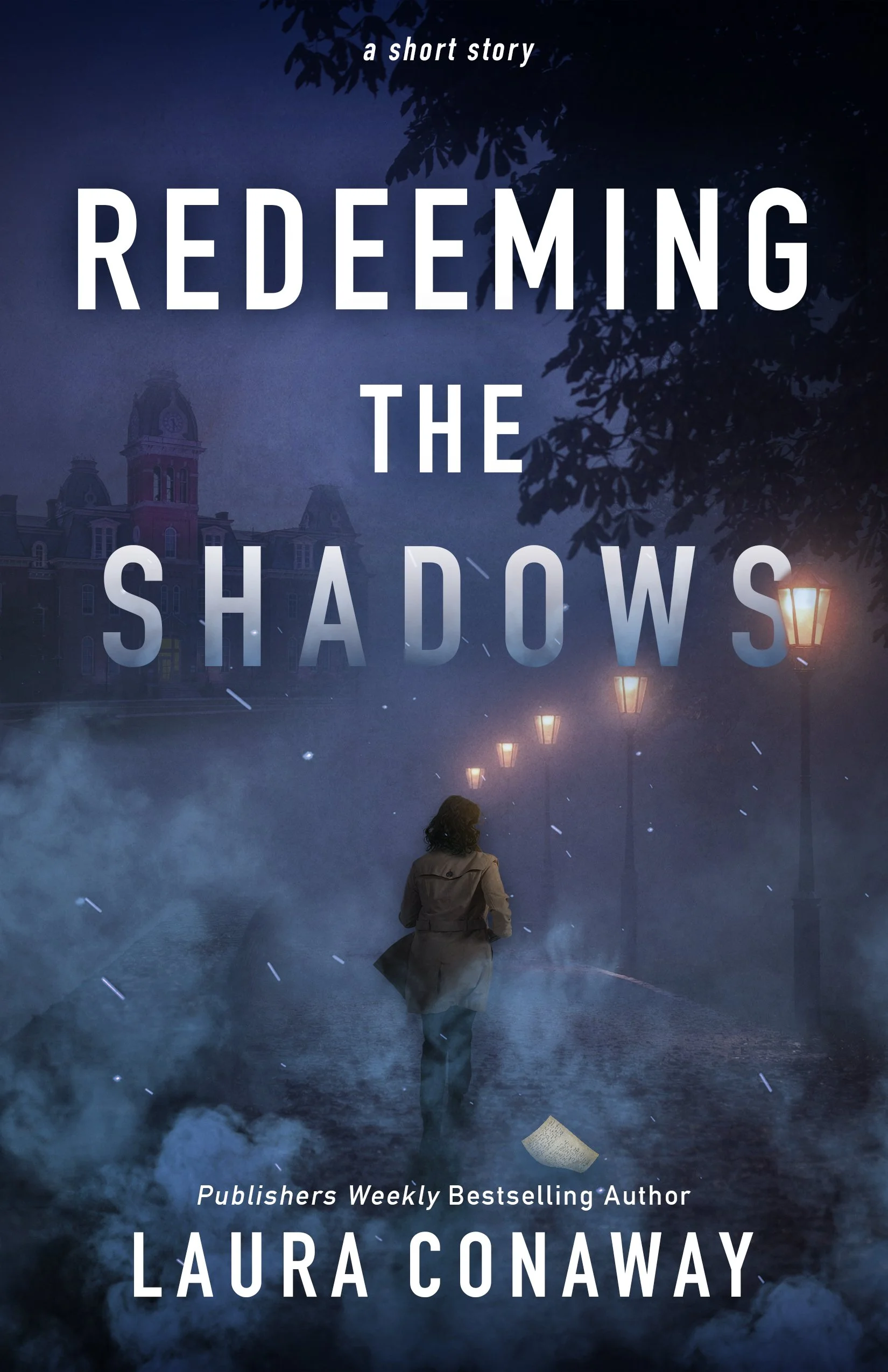 History professor running into fog at night on the book cover for Redeeming the Shadows