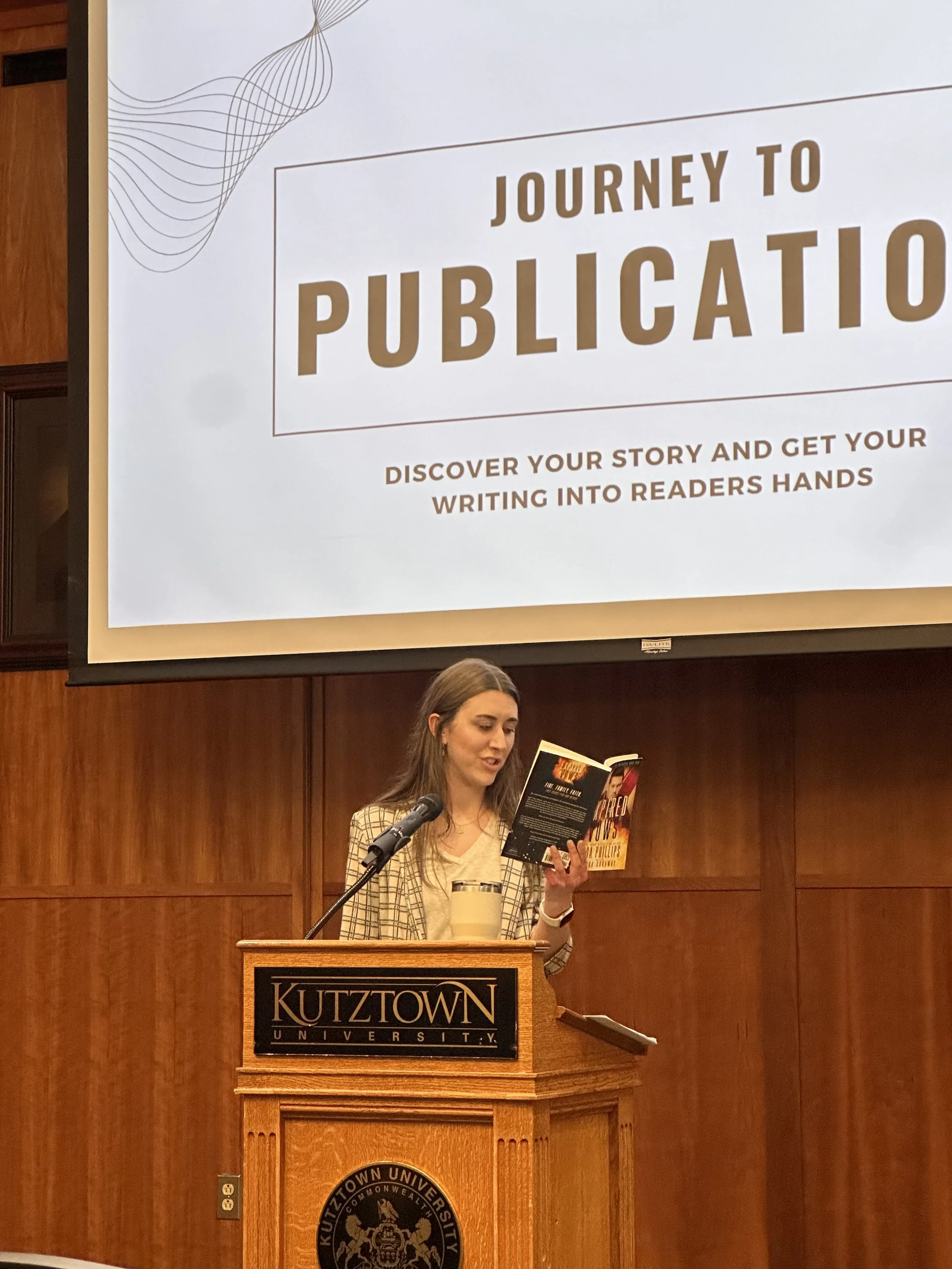 Author Laura Conaway reading an excerpt from book Expired Vows at Kutztown University