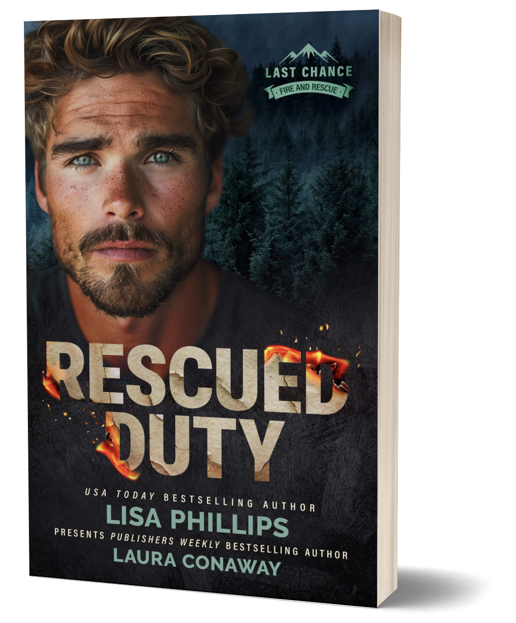 Rescue squad firefighter in front of a forest on the Rescued Duty book cover