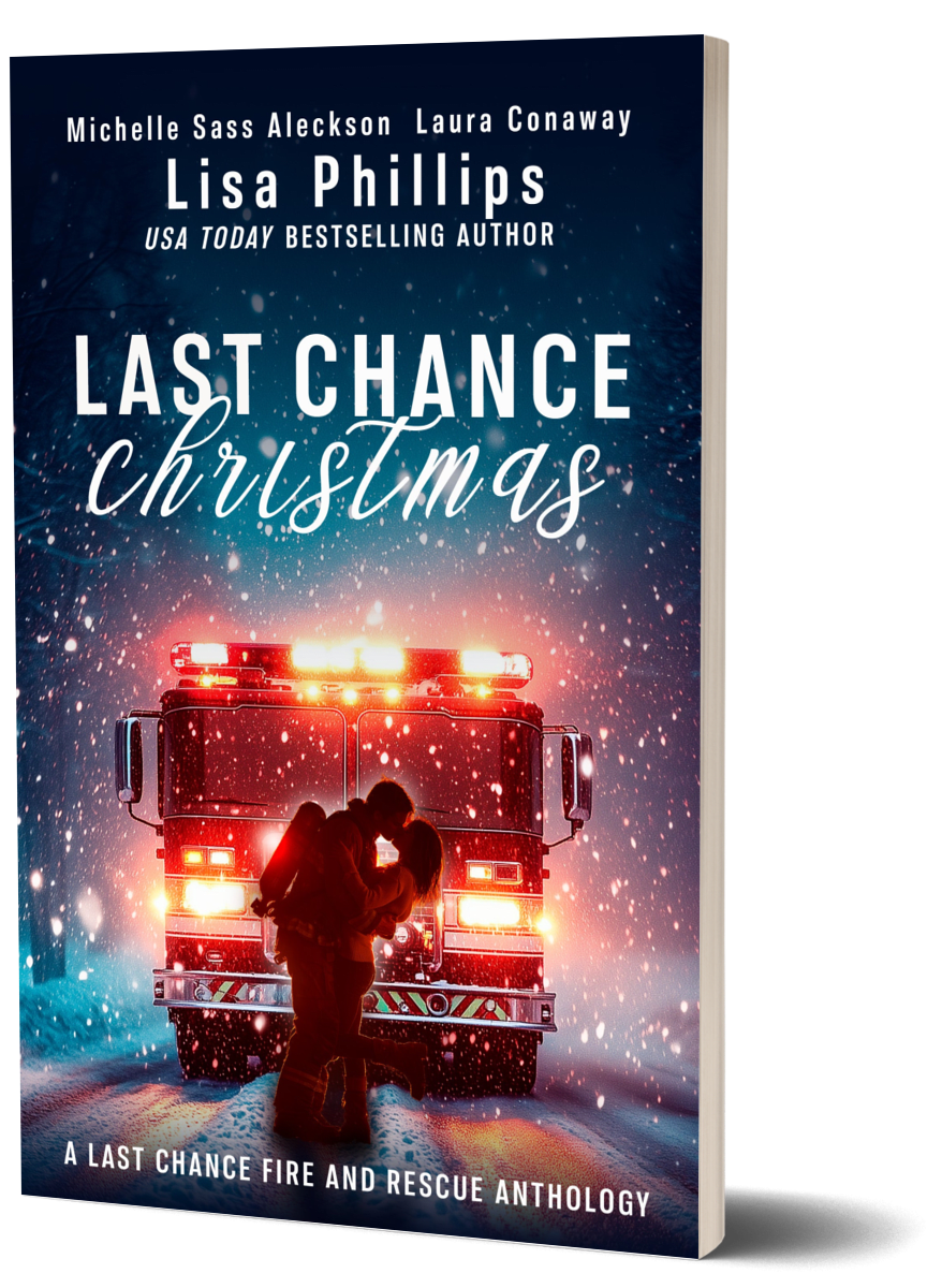 Firefighter kissing a woman in front of a fire truck in the snow at Christmas in Last Chance County