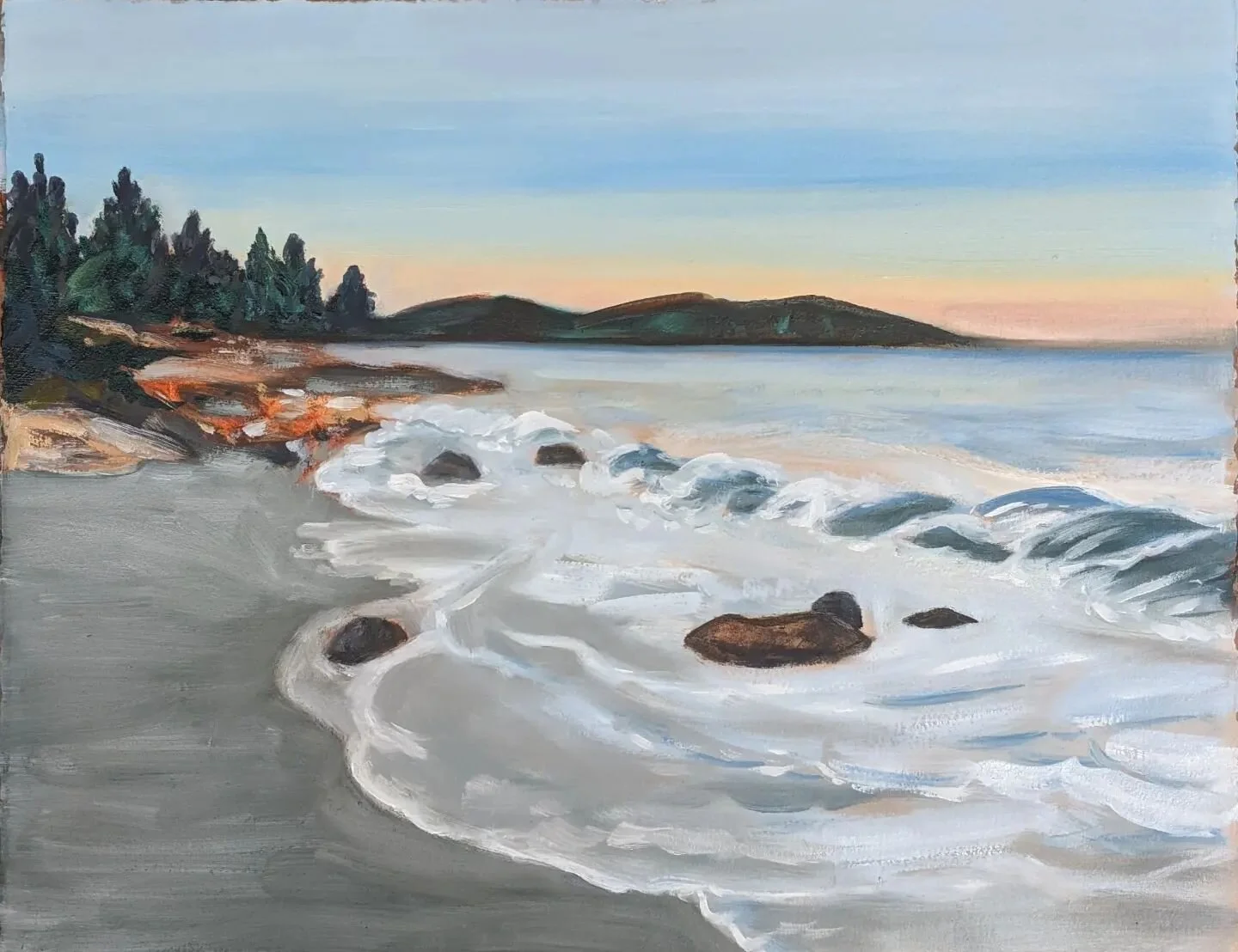 West Coast, oil on paper. I have been working on this but will put it away for a while. Time for something fresh! Have a great weekend🌞!#oilpainting #landscape #westcoast 
#oceanview