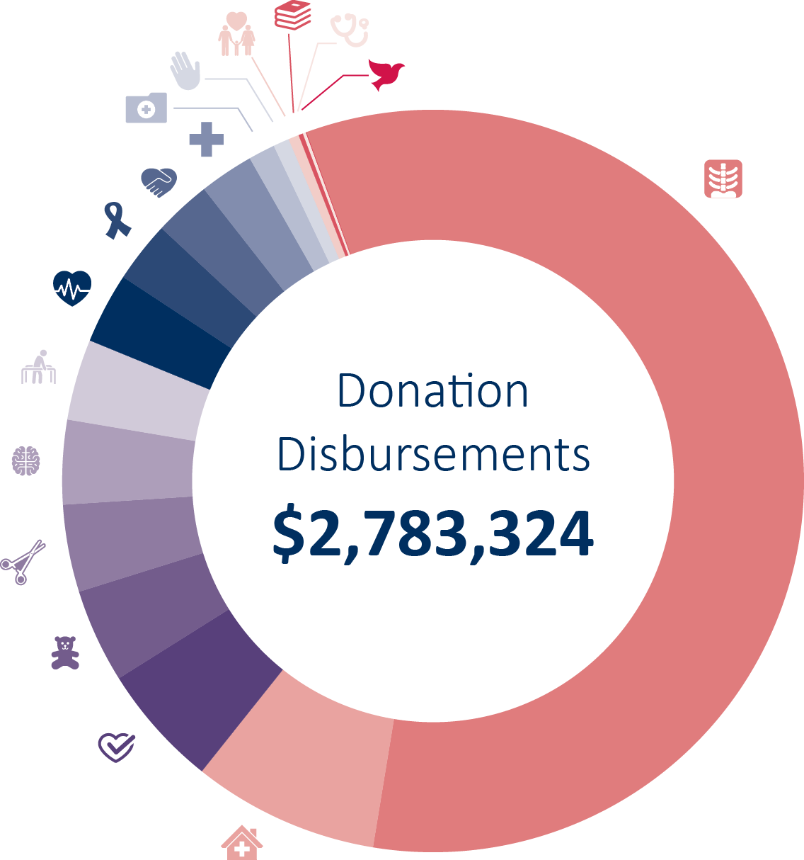 VJH Foundation financial disbursement infographic showing $1,563,088 allocated to community health, clinical support, and regional projects.