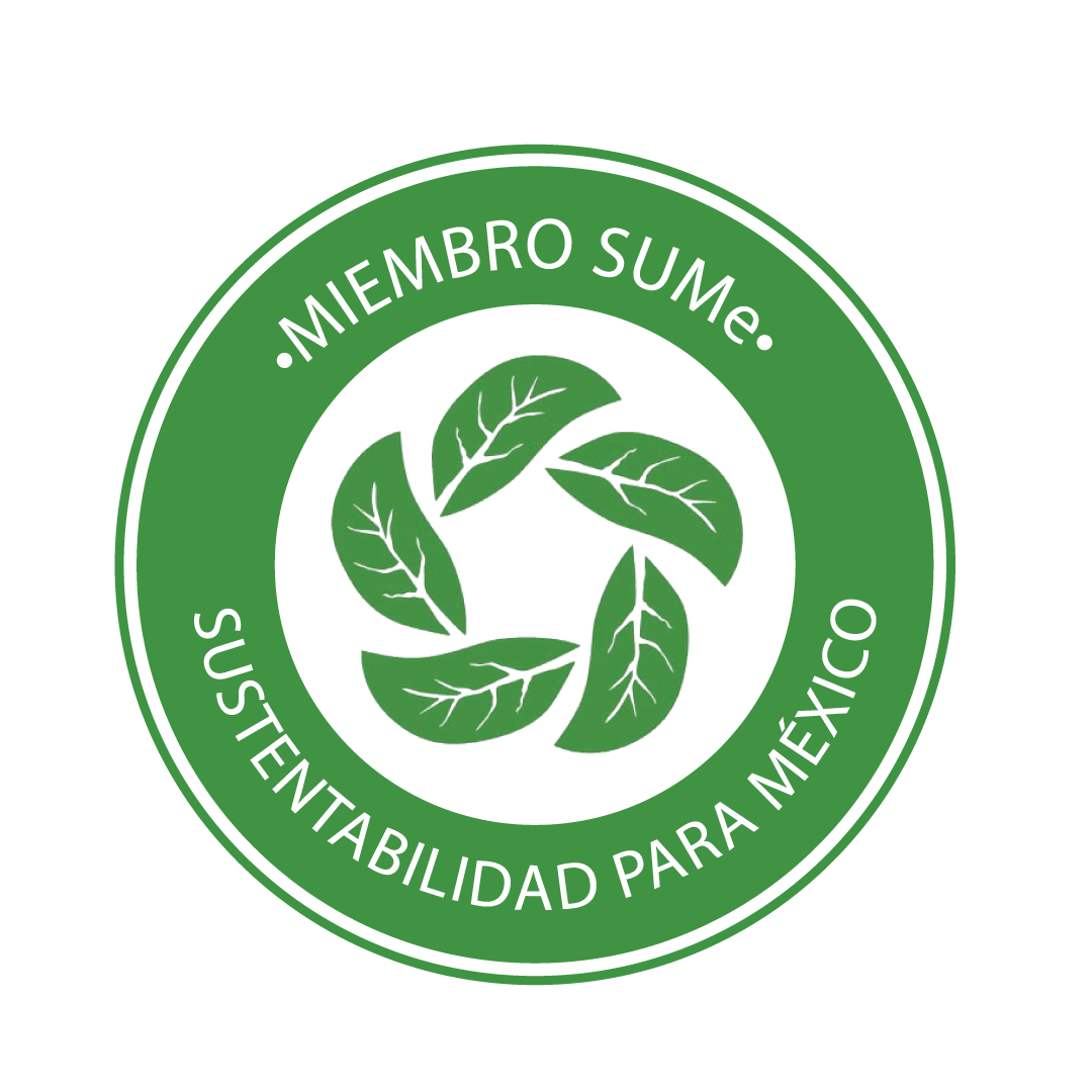 Sello de membresía de sustentabilidad en México con hojas verdes en el centro y texto circundante que dice 'Miembro Sume: Sustentabilidad para México'.