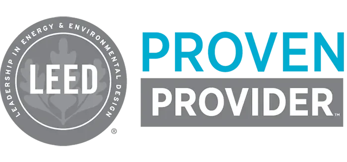 Logotipo LEED con la leyenda 'PROVEN PROVIDER' en letras grandes, en fondo gris y azul.