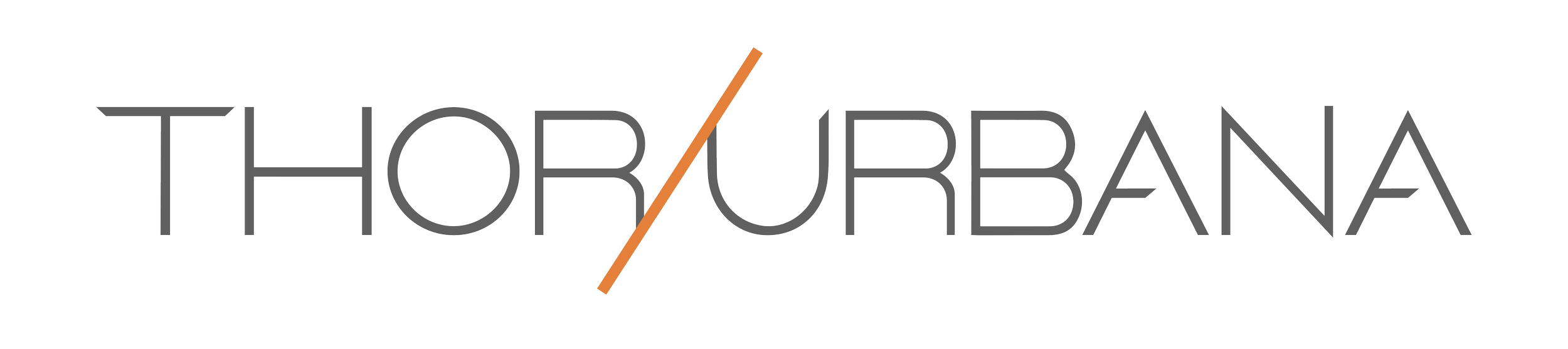 Logotipo con texto 'Thorybana' y línea diagonal naranja