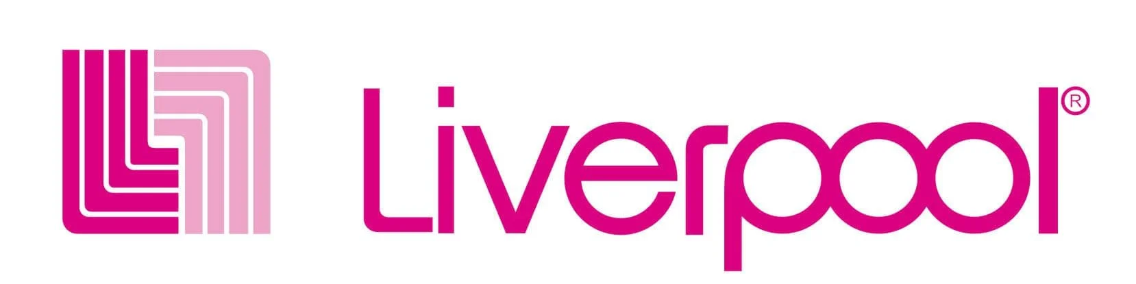 Logotipo de Liverpool en letras rosas fuertes con gráfico abstracto de líneas en diferentes tonos de rosa