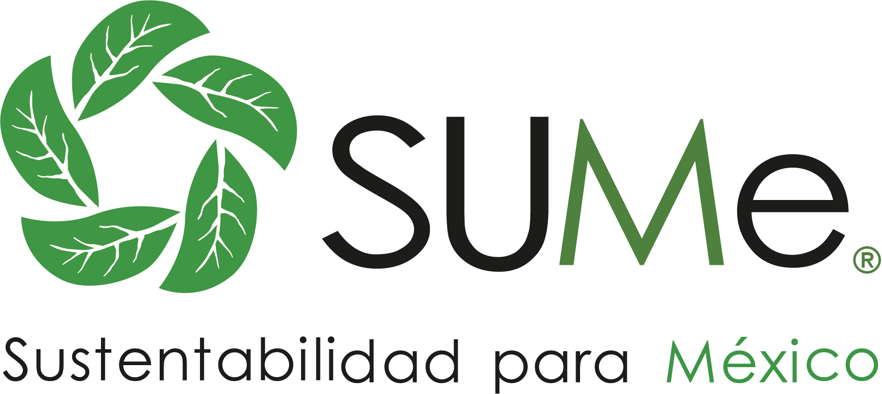 Logotipo de Sume, que incluye una figura de hojas verdes y el texto 'SUME' en letras negras y verdes, con el lema 'Sustentabilidad para México' debajo.