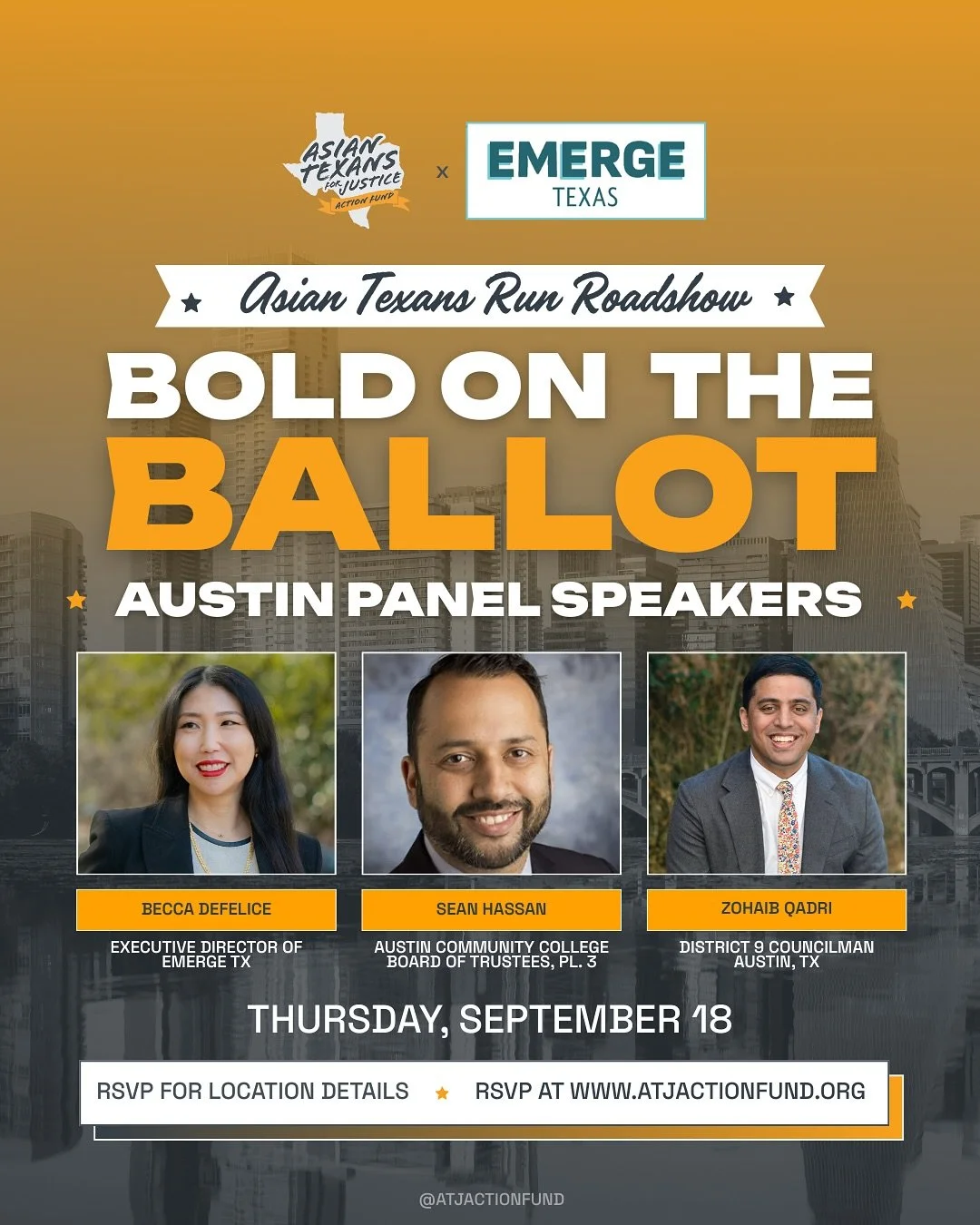 📣 Austin, you&rsquo;re up next!

On Thursday, September 18, join us for the Asian Texans Run Roadshow: Bold on the Ballot, presented in partnership with @emerge_texas. This event is for anyone curious about running for office &mdash; or simply wanti