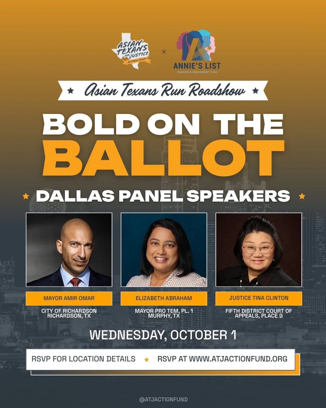 📣 Dallas, you&rsquo;re up next!

On Wednesday, October 1, join us for the Asian Texans Run Roadshow: Bold on the Ballot, presented in partnership with @annieslisttx. This event is for anyone curious about running for office &mdash; or simply wanting