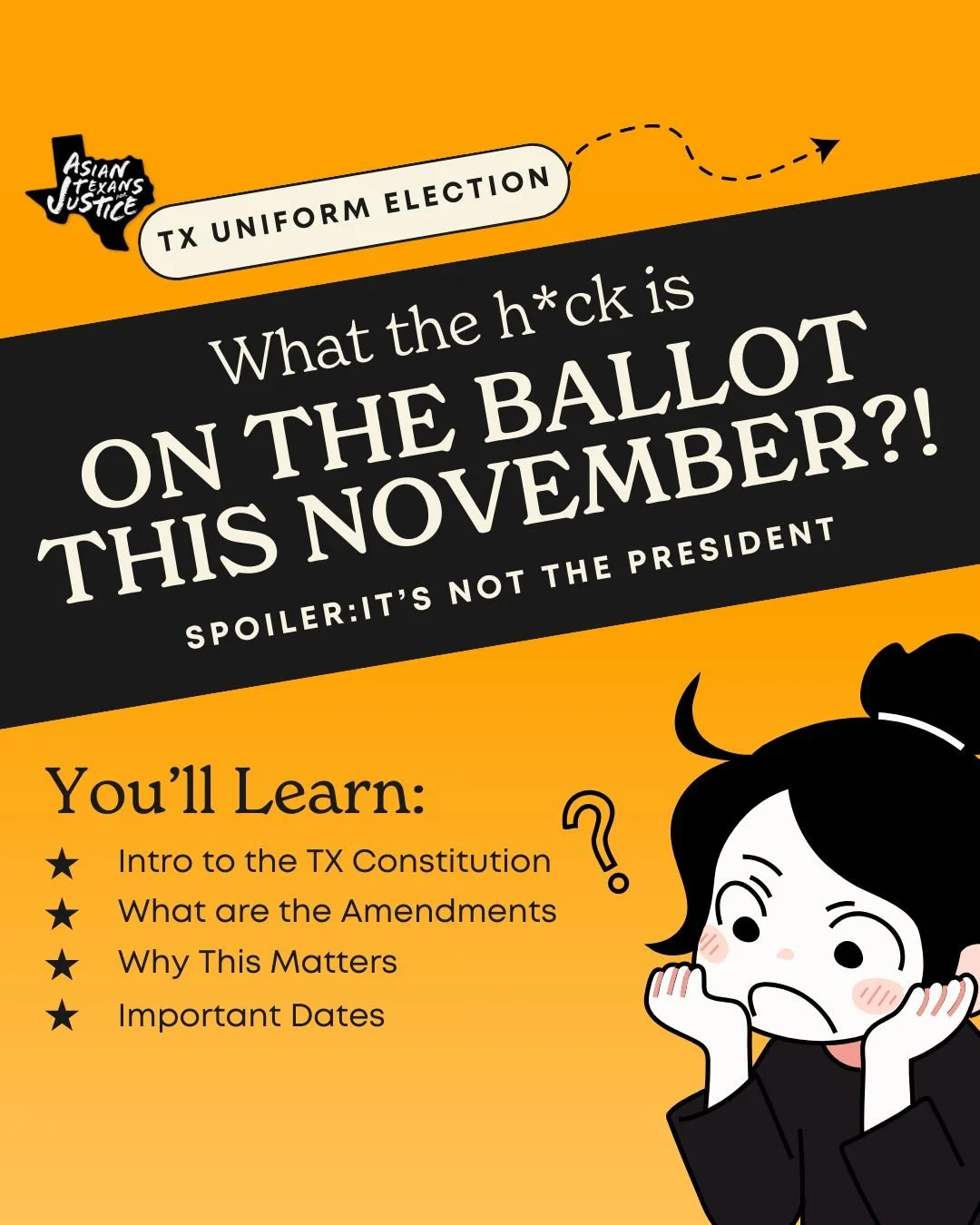 🗳️ What the h*ck is on the ballot this November?�Spoiler: it&rsquo;s not the president.�

Texans will vote on 17 constitutional amendments and local races that shape our schools, roads, taxes, and community safety. These decisions matter &ndash; and