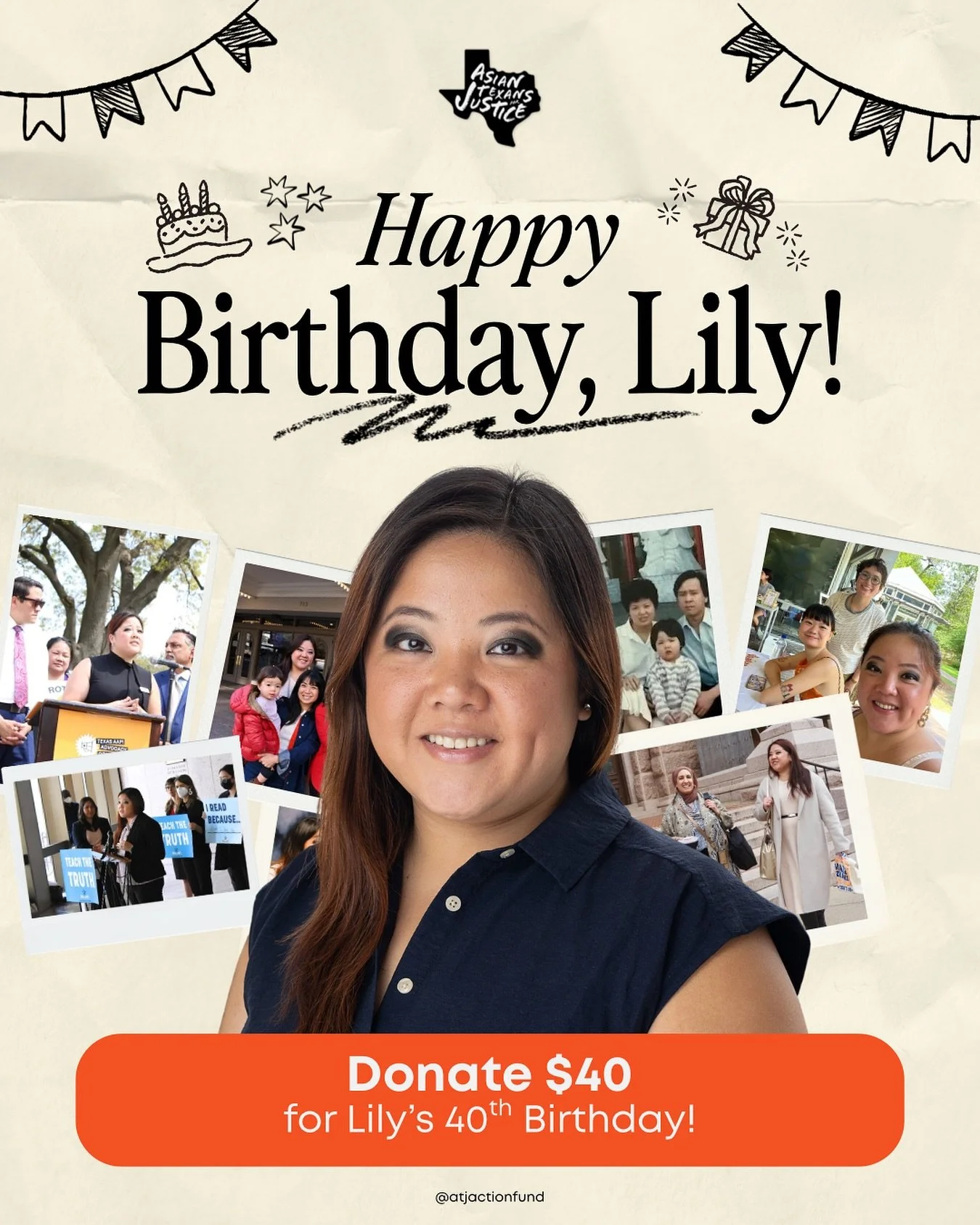 Happy Birthday to our co-executive director and co-founder, Lily Trieu! 🎉

We&rsquo;re skipping the cake. This year, we&rsquo;re asking for $40 to celebrate Lily&rsquo;s legacy and ATJ&rsquo;s work in building a bolder Texas. Your gift powers: 
⭐️Yo